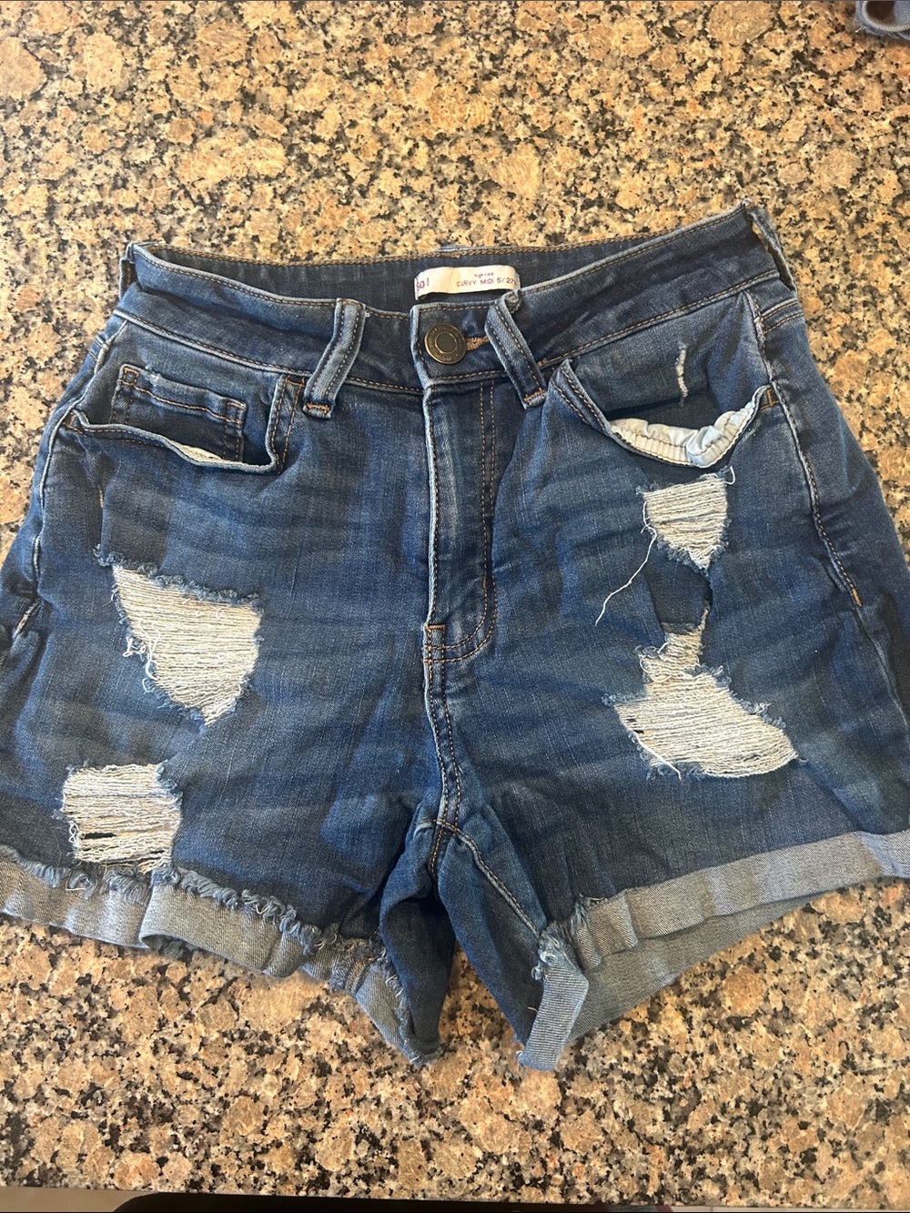 SO Distressed Dark Blue High-Rise Jean Shorts